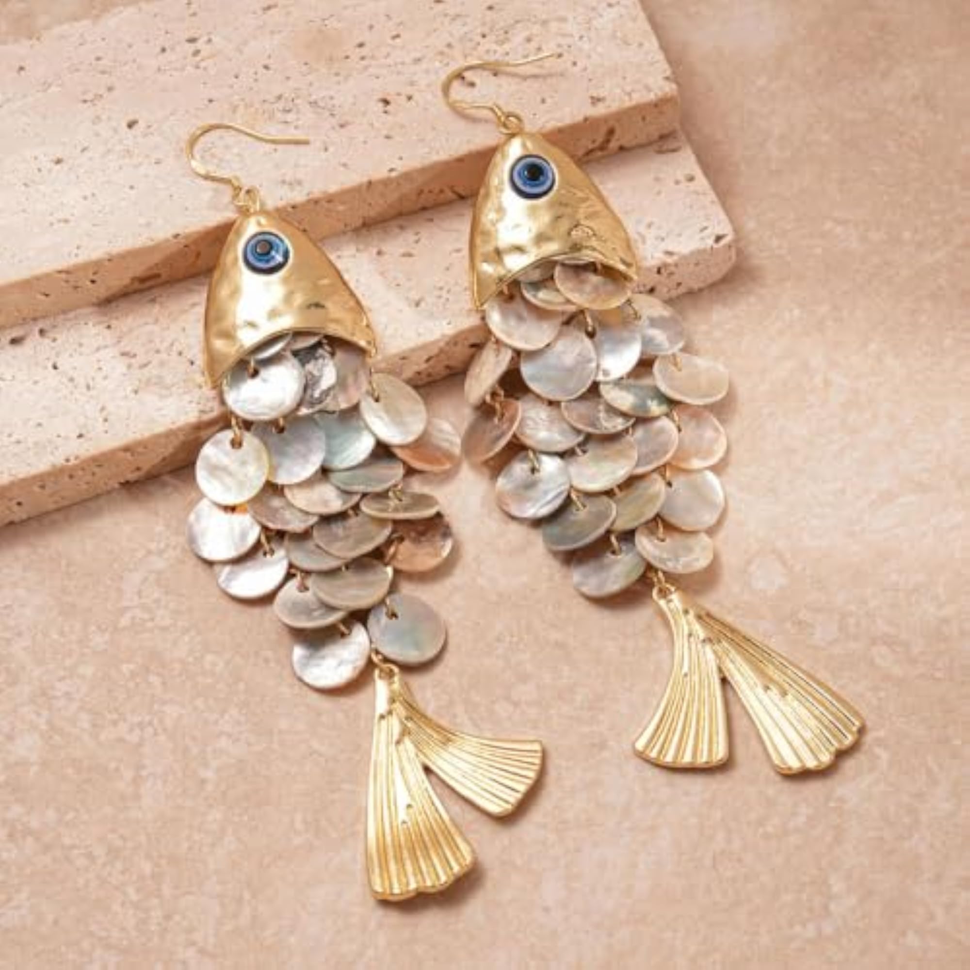 2 Pcs Beach Earrings Set for Women, Gold Statement Fish Drop Earrings