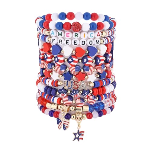 Cooluckday 12Pcs USA Bracelets for Women American Flag Bracelets Patriotic 4th of July Heishi Surfer Bracelets Bulk for Women