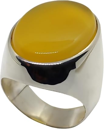 Big Natural Yemeni Yellow Agate Men s Ring | Sterling Silver 925 Handmade Aqeeq Heavy Ring