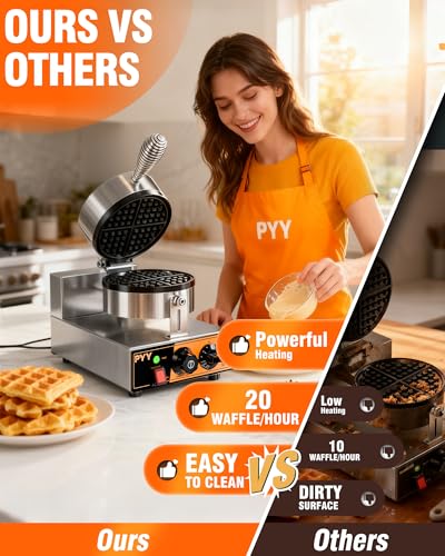 Image of PYY Commercial Waffle Maker - 20Pcs /H Stainless Steel Round Belgian Waffle Machine, 1300W Non-stick Waffle Iron, Time Control and Temperature Adjustable, for Home Kitchen, Restaurant, Silver