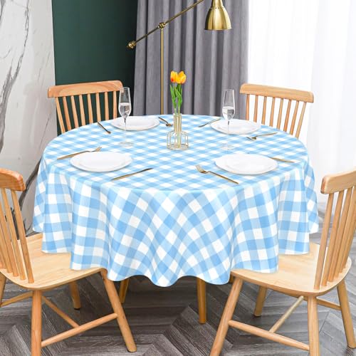 Image of Mulbozy 2 Pcs Light Blue Gingham Round Plastic Tablecloth Disposable