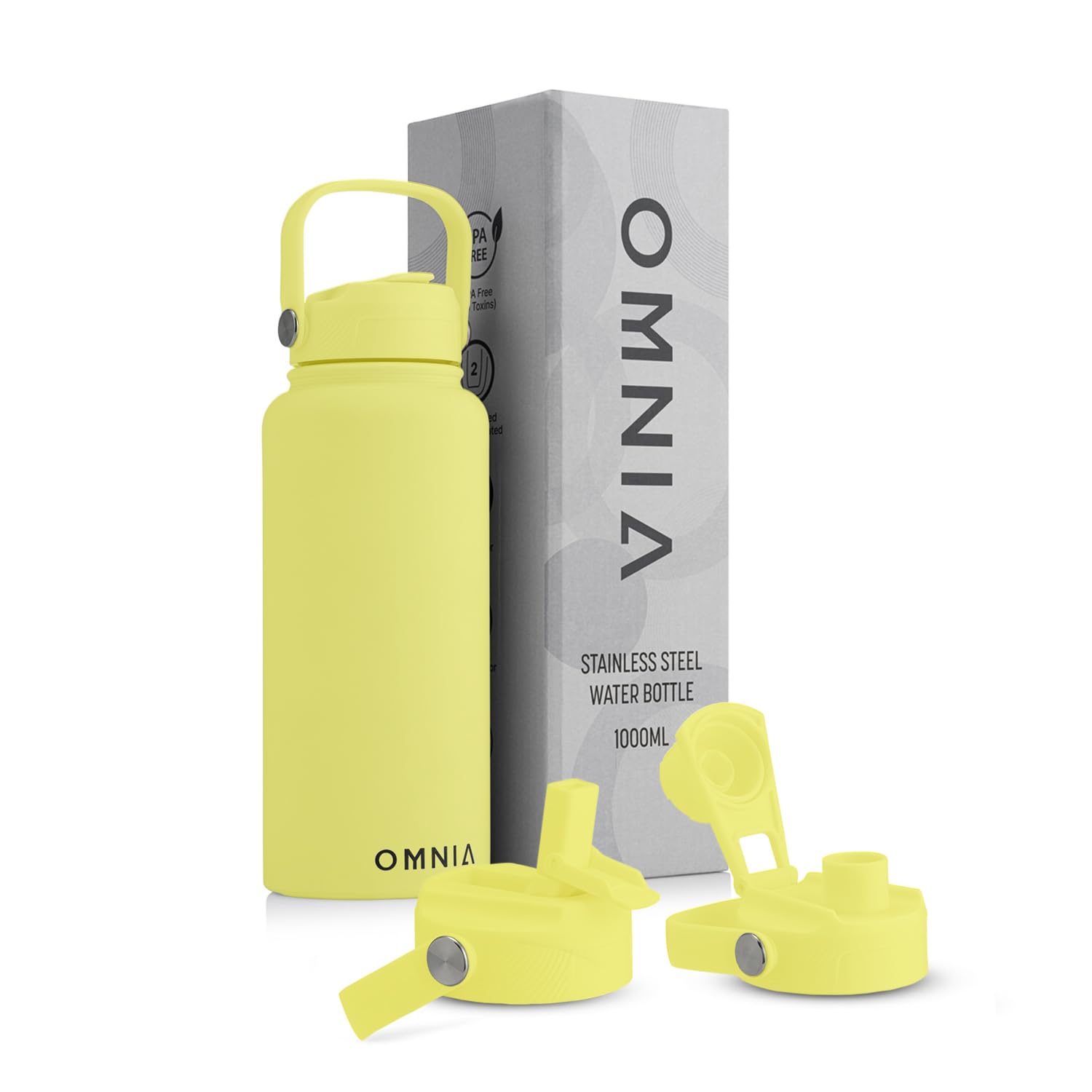 OMNIA Vacuum Insulated Stainless Steel Water Bottle, 2 Lids (Straw & Spout) Leakproof, BPA-Free, Reusable Flask for Sports, Gym, Travel, Outdoors (Mellow Yellow, 1000ML)