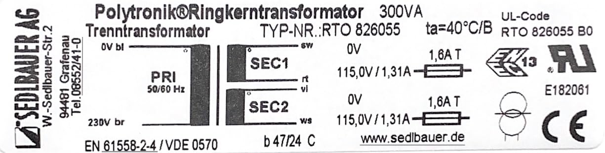 826055 Polytronik Basic Ringkerntransformator 300 VA - Eingang 230 V - Ausgang 2 x 115 V, 230 V - 2 x 1,31 A