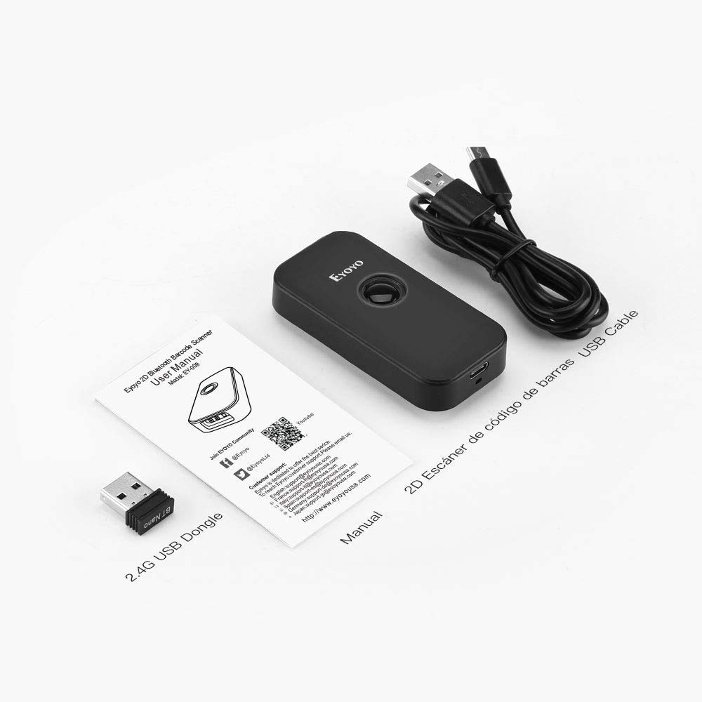 Eyoyo 2D Escáner de Código de Barras, Mini 1D QR Lector de Código de Barras 3-en-1 Conexiones USB Cable/ 2,4G Inalámbrico/Bluetooth para POS, Teléfono Inteligente, Tableta, iOS, Android y Windows