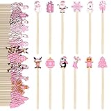 JarThenaAMCS 120Pcs Christmas Coffee Stirrers Disposable Stir Sticks Pink Xmas Pattern Wooden Drink Stirrer for Hot Chocolate Milkshake Restaurant Home Office