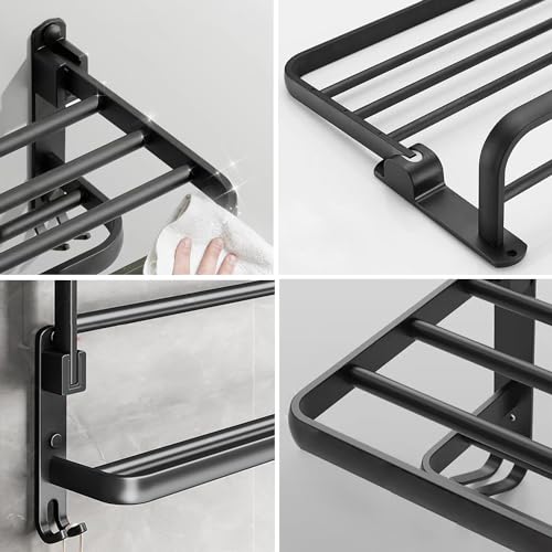 Drillless Stainless Steel Towel Rack - Adhesive Bathroom Accessories Kit With Towel Stand and Bar - Black