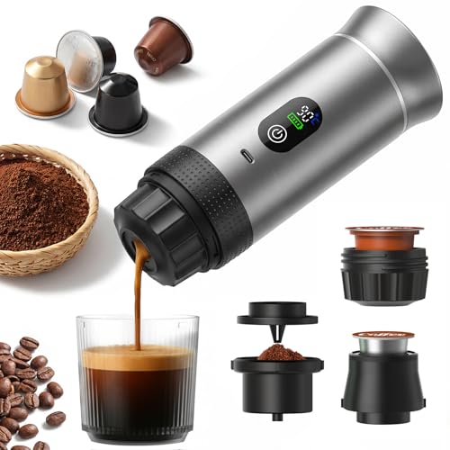 Portable Espresso Coffee Maker, Battery Operated Rechargeable Travel Espresso Machine, Self Heating Mini Coffee Maker for Camping & Car, Works with Ground Coffee and Small/Large Capsules, 80ml Cup by PETINBOX - Used condition - US$33.65