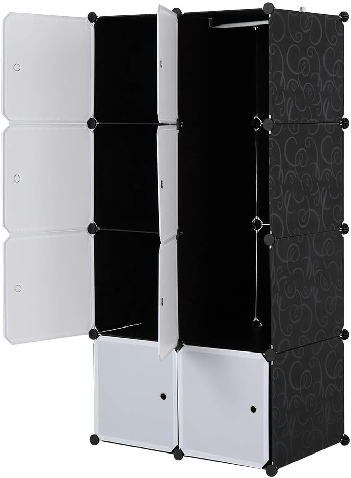 8-Cube Storage Organizer Plastic Cube Closet with A Hanging Rod and Shelves for Clothes Suit Long Coat, Easy to Assemble, 27.6" W x 17.7" D x 56.7" H White Doors and Black Panels
