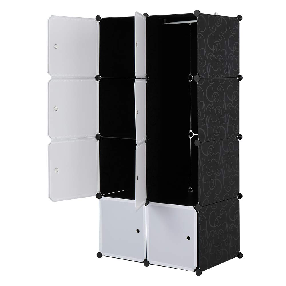 AMOPA 8 Cube Organizer Stackable Plastic Cube Storage Shelves Design Multifunctional Modular Closet Cabinet with Hanging Rod White Doors and Black Panels