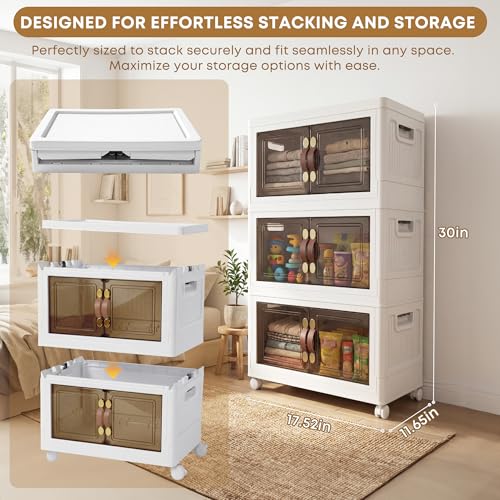 MOONEDGE 105 QT Stackable Storage Bins with Doors & 3 Lids on Lockable Wheels, Foldable Collapsible Storage Cabinet, Clear Plastic Bins for Clothes, Garage, Closet & Basement — view 2