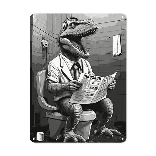 Divertido letrero de metal de dinosaurio para pared de baño, arte de dinosaurio, leer periódico, decoración de pared de baño para sala de estar, baño, cocina, póster decorativo de 8 pulgadas de ancho
