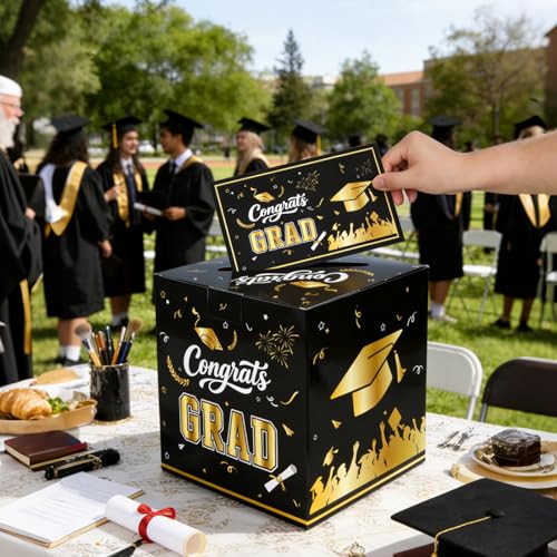 Image of 9.45Inch Large Black Gold Graduation Card Box, Back to School Gifts | Ideal 2026 Grad & Back to School Gifts, Fits High School, College & Masters, Dorm Decor & Party Favors For Class of 2026