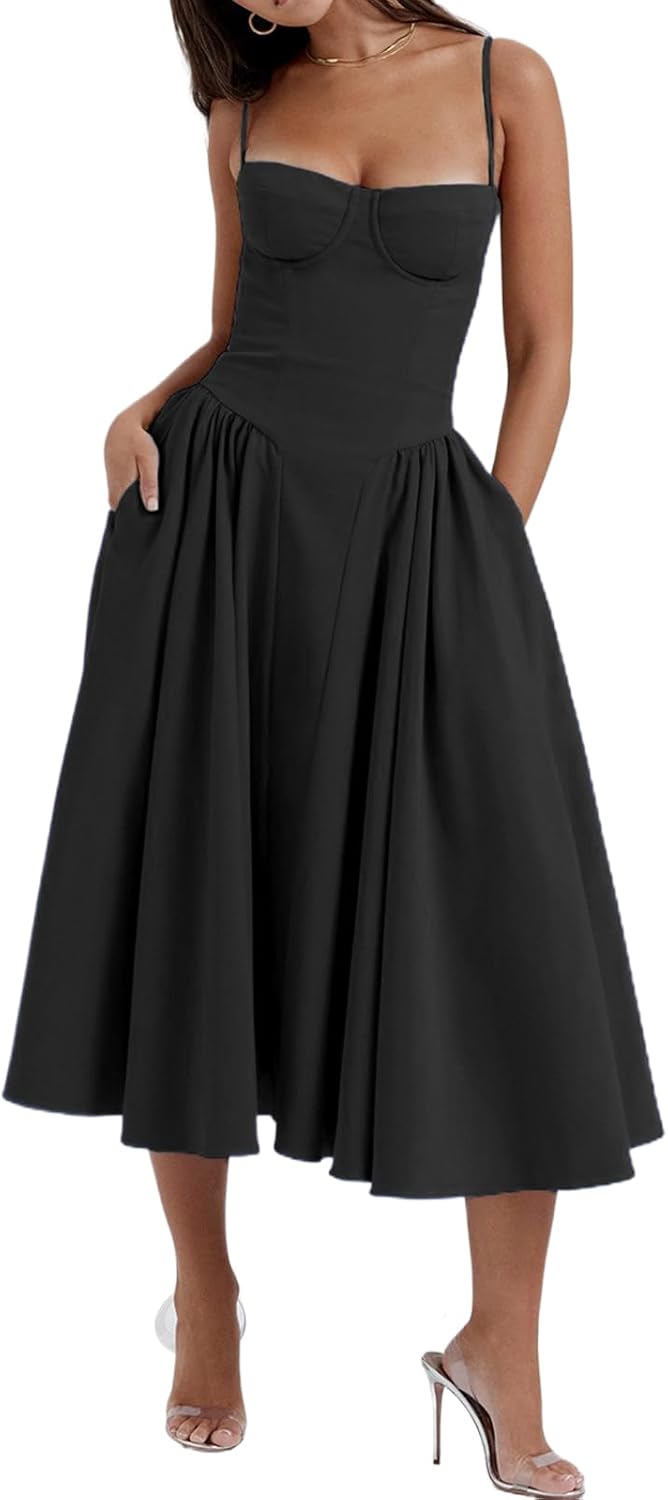 Women's Corset Dress Vintage Spaghetti Strap A-Line Midi Elegant Bustier Cocktail Party Evening Tea Dresses Pocket
