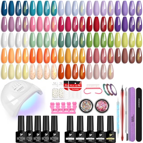 29Pcs Kit Uñas Semipermanentes con 48W Lampara Uñas Semipermanentes, Phoenixy Uñas Semi-permanentes Kit Completo con Decoraciones y Herramientas para Uñas, Kit de Uñas para DIY en Casa