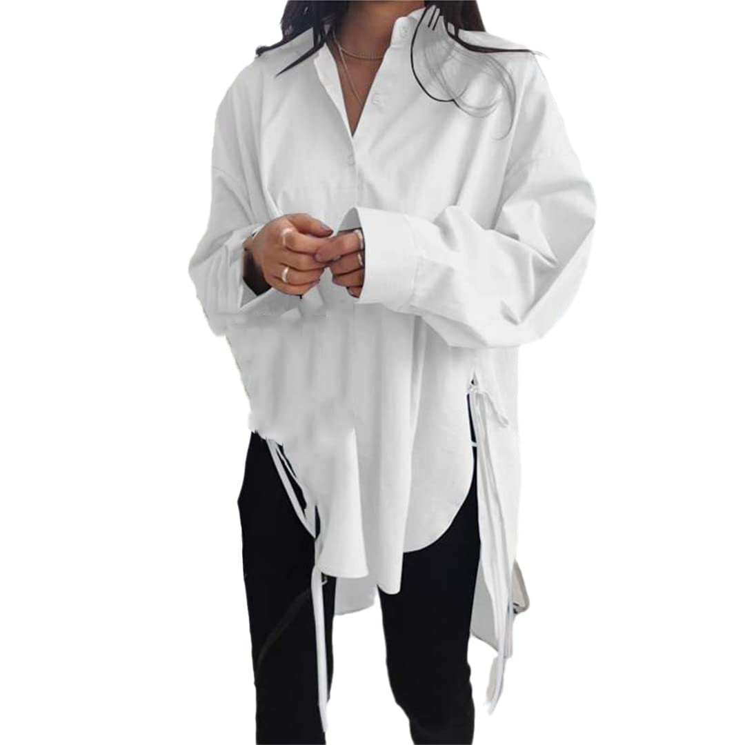 GenericButton Down Shirts for Women,Long Sleeve Boyfriend Asymmetrical Casual Lace Up Oversized Tunic Tops
