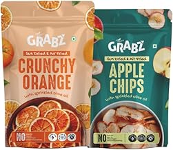 GRABZ Healthy Apple and Orange Chips with Natural Flavor | Air-Cooked, Low Cholesterol, High Fiber | 0.1% Olive Oil, Solar-Dehydrated | Snack for Kids, Tiffin and Travel Friendly (20g, Pack of 2)