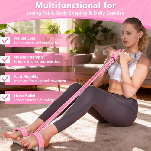 Image of Pedal Resistance Band with Handle, 8-Tubes Multifunction Pedal Resistance Band, Natural Rubber Foot Pedal Resistance Band, Exercise Bands with Handles for Abdomen, Waist, Arm, Leg, Pink