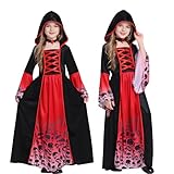 ITJMRJP Costume Vampira Bambina, Vestito Vampira Bambina, Vestito Halloween Ragazza con Collana, per Halloween Carnevale Cosplay(12-14 Anni)