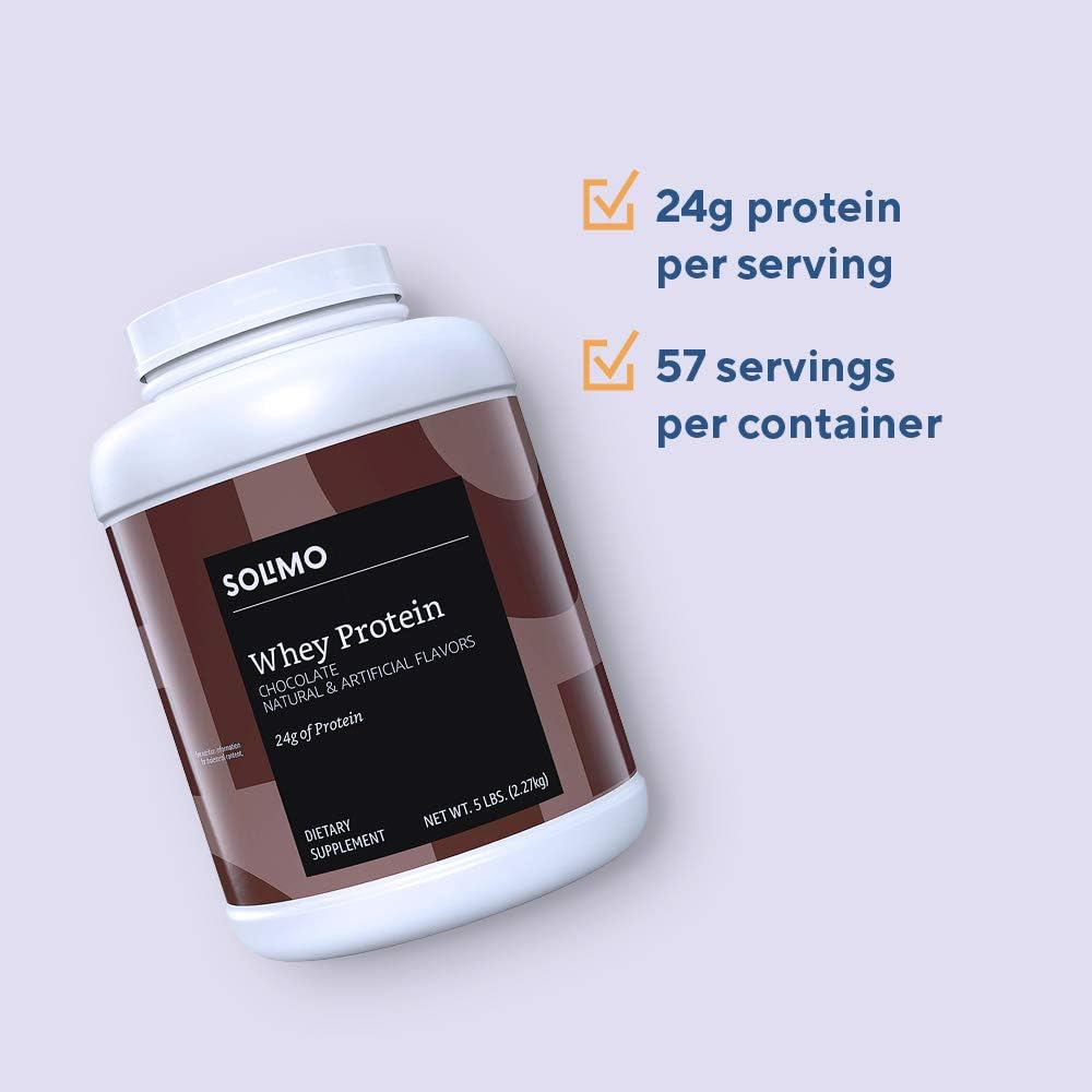 Amazon Brand - Solimo Whey Protein Powder, Chocolate, 5 Pound Value Size (57 Servings)