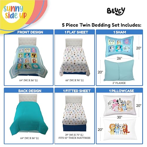 Sunny Side Up Bluey & Friends Twin Comforter Set - 5 Piece Kids Bedding Includes Comforter, Sheets & Pillow Cover - Super Soft Microfiber Bed Set