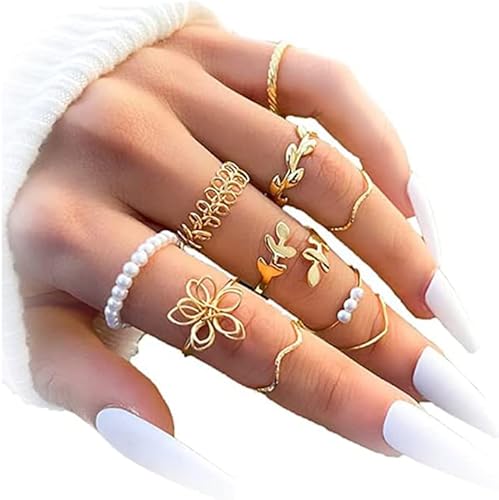 Miniatura 9 de HUASAI Anillos apilables de oro para mujer, no se deslustra, bonitos anillos para adolescentes, cosas de moda, bohemio, luna, estrella, mariposa, D: