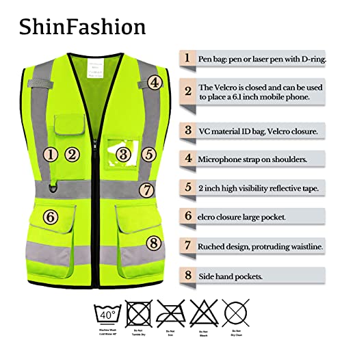 Shin Fashion 7 Pockets Class 2 Women's Hi Vis Reflective Safety Vest Executive Waistcoat, Meets ANSI/ISEA Standard Yellow, M - Image 4