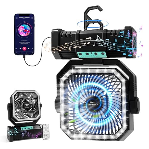 Camping Fan with Bluetooth Speaker Portable Fan,20000mAh Rechargeable Battery Powered Fans,Quiet 4-Speeds, 4-LED Light,360° Hanging Hook for Outdoor Picnic Tent Beach Travel Barbecue, Black
