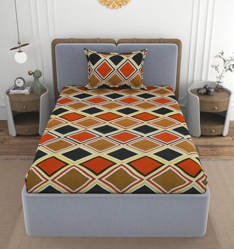 Image of VOMZER 300 Threadcount Elastic Fitted Bedsheets Single Bed with 1 Pillow Cover | Single Bed with All Around Elastic, Size 36 X 72 X 8 Inches Orange