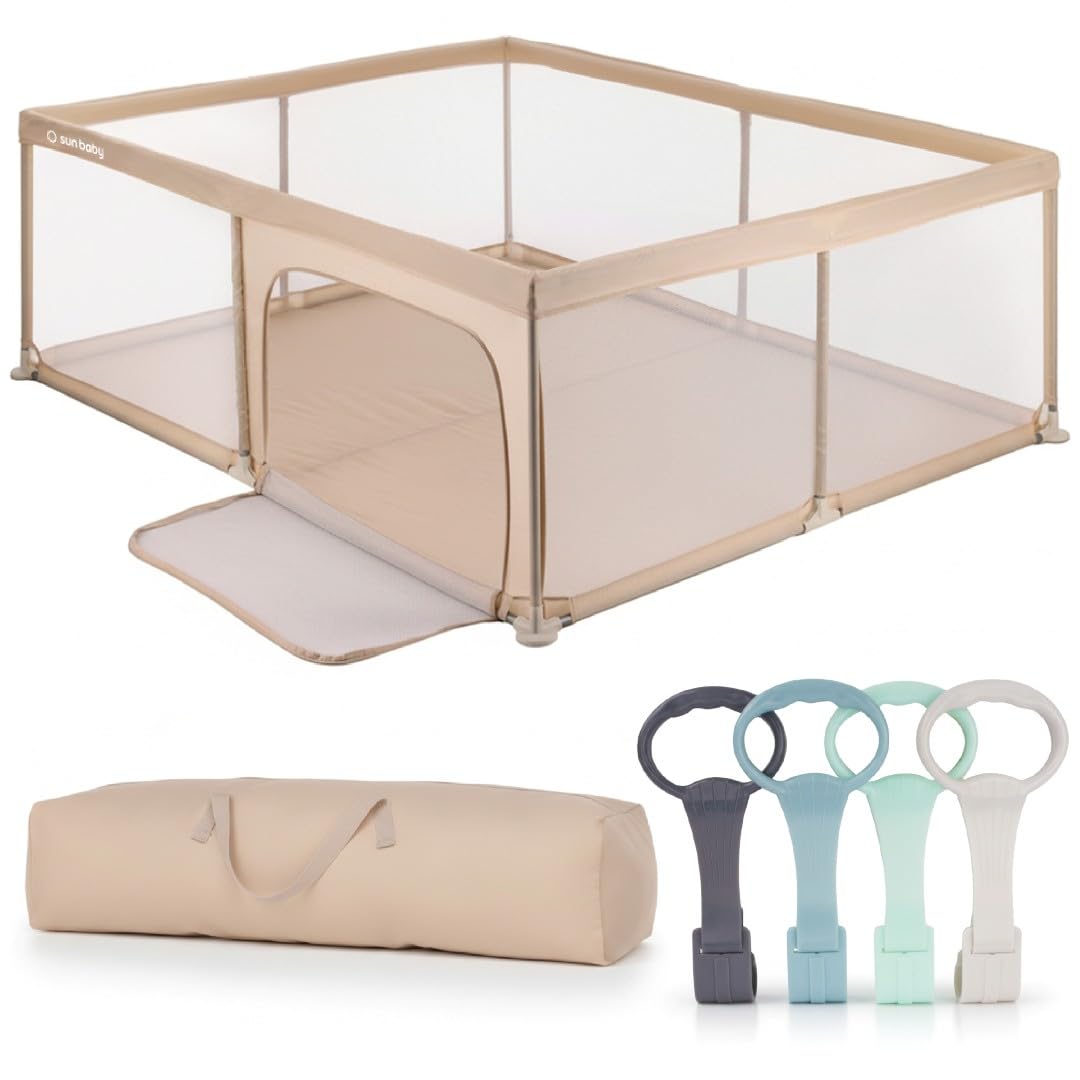 sun baby Laufstall mit grün Griffen 150x200 cm 0-2 Jahre Beige, Polyester, Netzwände, Eingang mit Reißverschluss, rutschfeste Füße, Tragetasche im Set, Metallrahmen