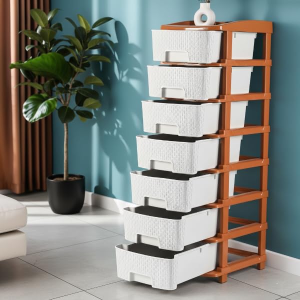 Image of KITCHIVO Plastic Modular Drawer Storage Chest Of Drawers Organizer Storage Box, Large Stomo Racks For Multipurpose Anti-slip Shoes Organizers (White & Golden, 7 Layer)