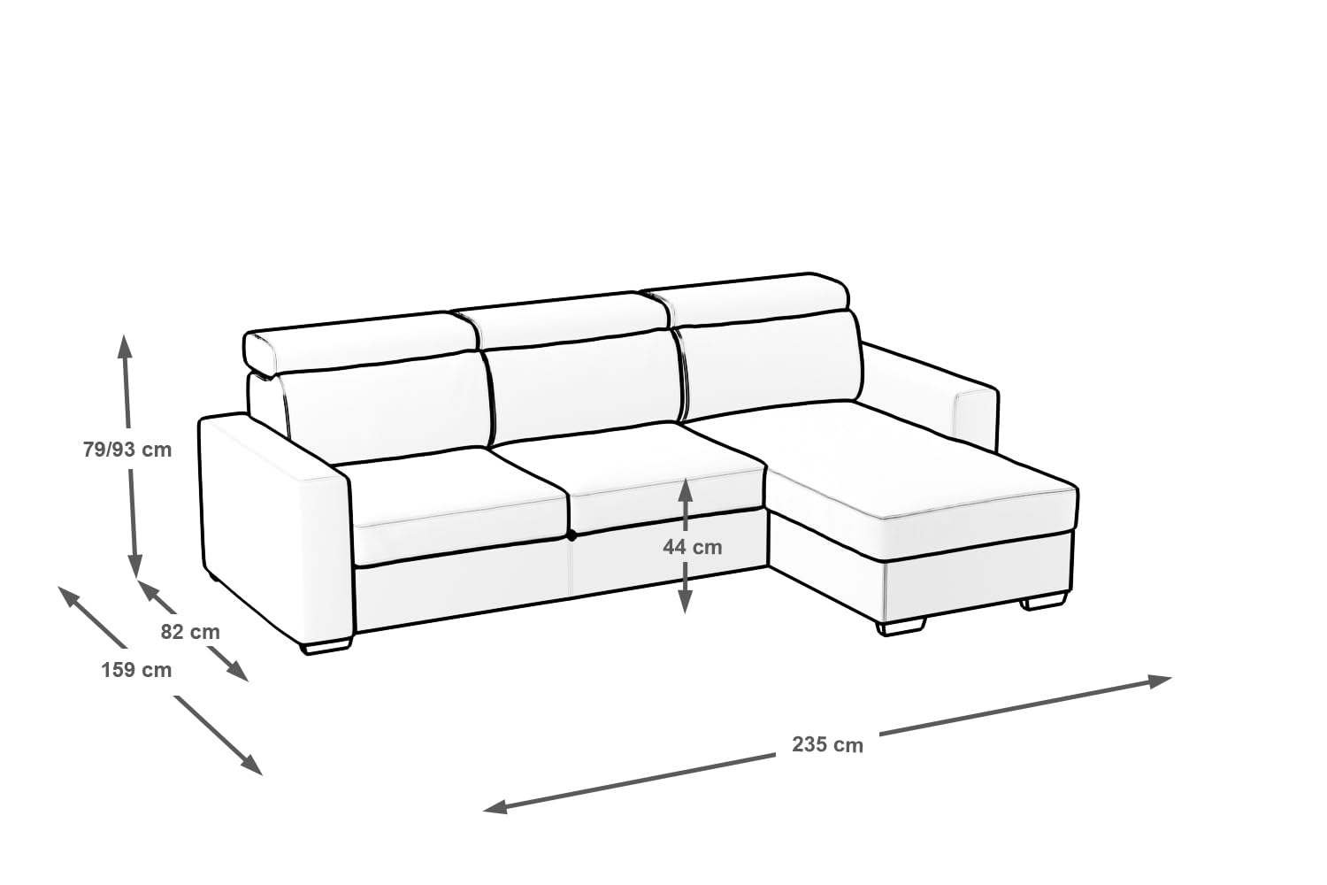 Divano Tirana con Chaise Longue, Colore Cenere 15/23 | 235X159 cm (LxP)