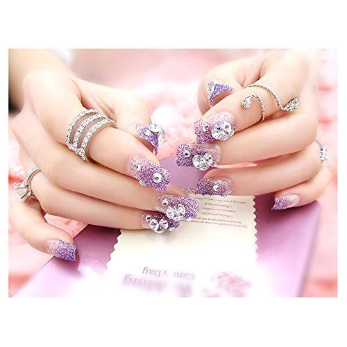 Dongcrystal 24Pcs 3D Bling Nail Art Jewelry Glitter Rhinestone Decor Purple Nail Tips Fake Nails