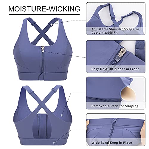 Cordaw Women's Zip Front Sports Bra Adjustable Straps Medium Impact High Support Zipper Running Bra For Workout Exercise Sapphire Blue Xxl #TOP4