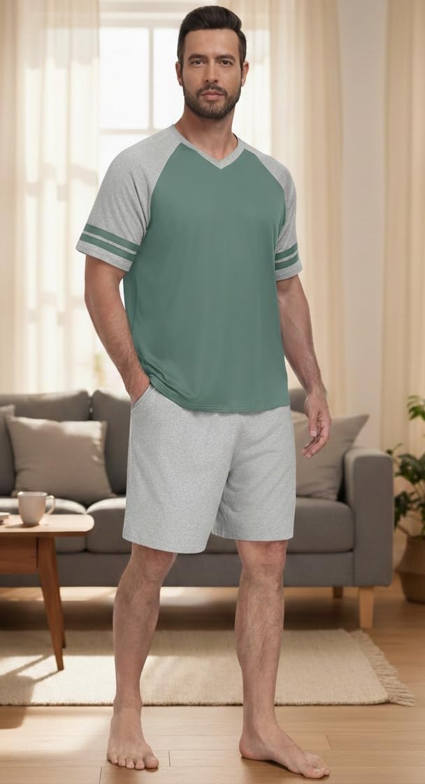 PrinStory Mens Pajamas Set Short Sleeve Lightweight and Soft Pajama Sets Summer Pjs Sets with Pockets - Image 3