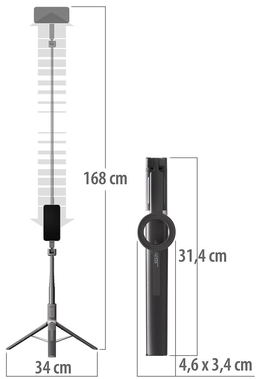 Somikon leggero: Set da 2 Selfie stick & treppiede per smartphone 2in1, Lunghezza selfie stick: fino a 166,5 cm, altezza treppiede: fino a 168 cm, compatibile con MagSafe (da viaggio, in alluminio)