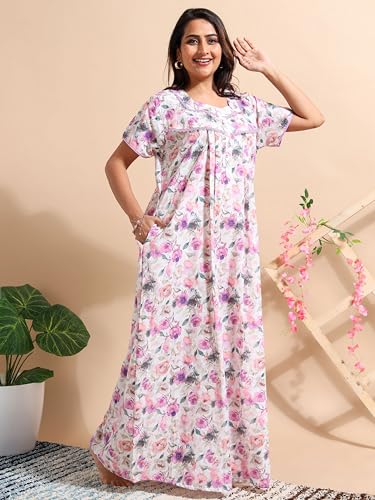 Image of 9shines Label Stylish Chikankari Cotton Nighty Maxi for Women | Full Length Nightgown | Nightdress with Pocket | Embroidery Nighty | Soft Comfortable Cotton Nightwear (1545)