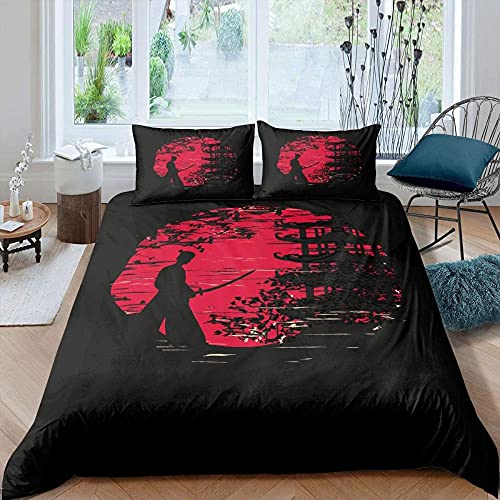 ZLJAW Housse de Couette 220x240 cm Samouraïs Japonais, Parure de Lit 2 Personnes en Microfibre 110gsm avec Fermeture éclair - 2 Taies d'oreiller