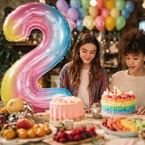 Image of Rainbow Gradient Number 2 Balloon 40 Inch Big Large Balloons 0-9 | 2nd Helium Foil Mylar Number Balloons for Birthday Anniversary Party Decorations