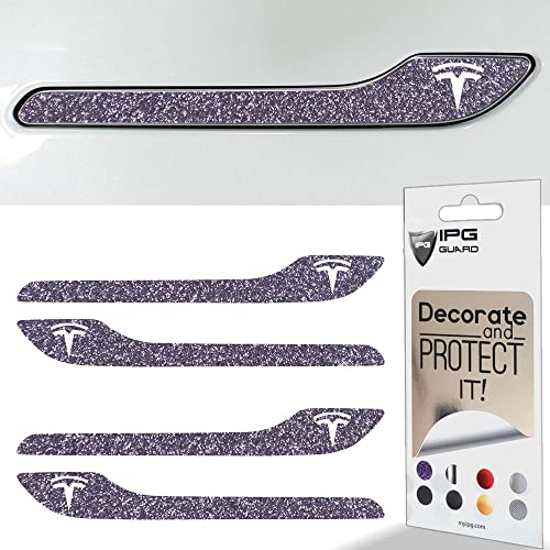 Image of IPG Compatible for Model 3 / Model Y /Juniper Door Handle Decal Sticker Wrap Kit (Set of 4) with Tesla Logo Personalize Your Tesla (Purple Glitter)