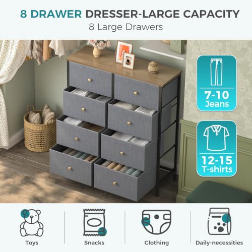 Image of OLIXIS 8 Drawer Storage Dresser for Bedroom, Closet Organizers Units | Fabric Dresser with Wooden Top, Chest of Drawers Clothes Storage, Tower Cabinet, TV Stand Furniture, Gray Blue