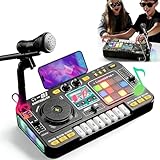 DJ Mischpult Kinder 3-10 Jahre, DJ Controller mit Mikrofon & LED-Lichtern, 100+ Soundeffekte, Piano-Tastatur, Akku, Geschenk Spielzeug für DJ-Anfänger Jungen Mädchen