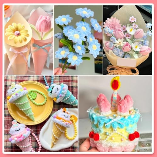 Image of DIY Pastel Pipe Cleaner Flower Bouquet Kit (100 Pcs Stems + Full Accessories) - 6 Pastel Shades with 100 Stamens, 5 Floral Stems, 1 Floral Tape, 25 Pearls & Ribbon for Handmade Crafting & Gifts
