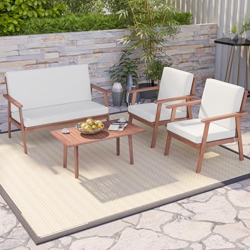 Tangkula 4 Piece Outdoor Conversation Set, Acacia Wood Sofa Set with Soft Seat & Back Cushions, Rectangle Coffee Table Patio Wood Furniture Set for Backyard, Poolside, Garden (1, Off White)