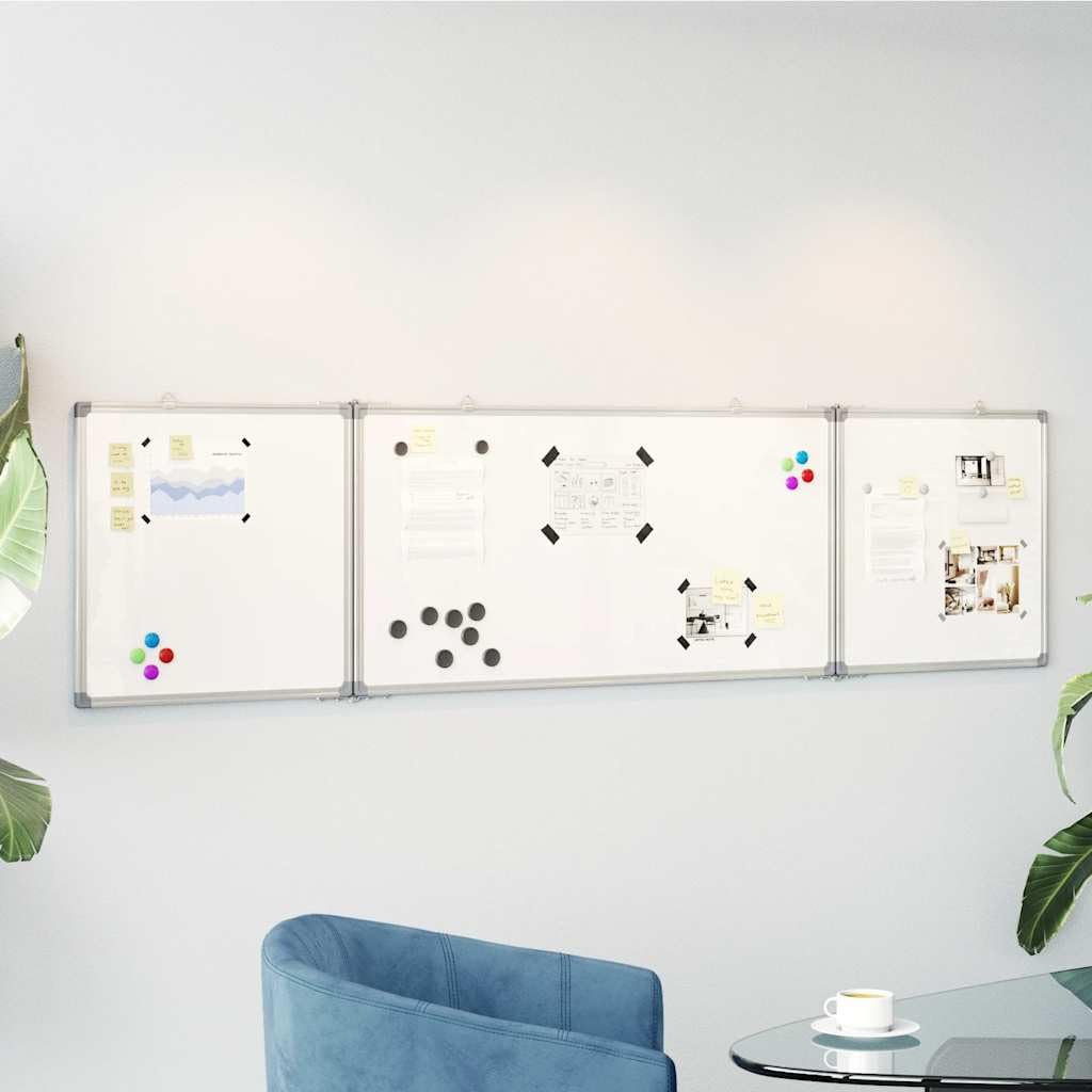 Tableau blanc magnétique pliable de 200 x 50 x 1,7 cm avec cadre en aluminium, surface laquée lisse, 4 crochets mobiles et couvercles de protection pour le bureau et la maison.