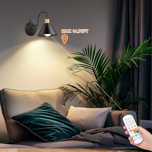 Image of Frideko Rechargeable Battery Operated Wall Sconces Set of Two with Remote, RGB 15 Colors Dimmable Black Wall Light, Indoor Battery Powered Wireless Sconce with Timer for Living Room Bedroom