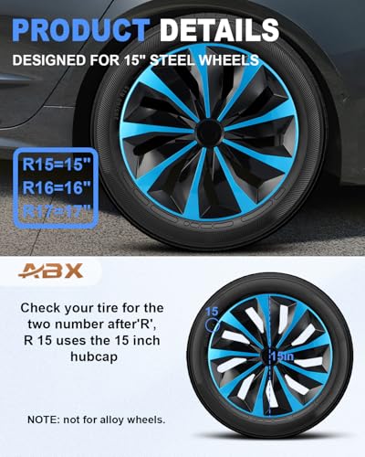 Image of ABX Hubcaps,15 inch hubcaps Set of 4, Wheel Rim Cover ABS Material, Snap On Car Truck SUV Replacement, for Toyota Camry Nissan Mazda etc, Black & Blue