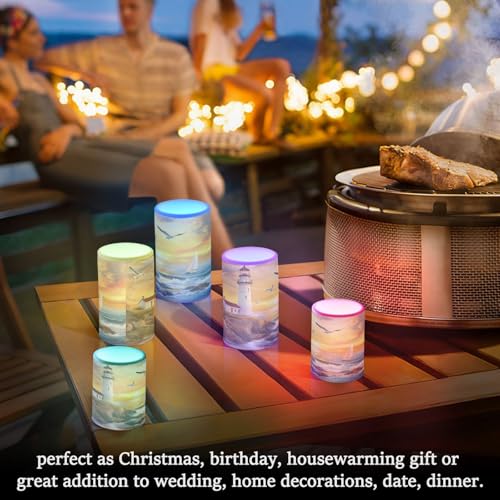 Image of Lighthouse Ocean Seagulls Sailboat Flickering Flameless Candles LED Battery Operated with Remote Timer Pillar Candles for Home Birthday Wedding Christmas Decor, Set of 2