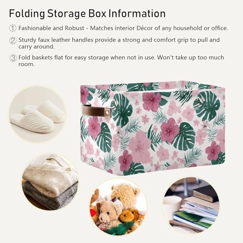 Image of Aslsiy Storage Basket Hibiscus Flower Pink Nursery Bins Monstera Leaf Baby Box Canvas Clothes Shelf Basket Laundry Hamper 2 Pcs