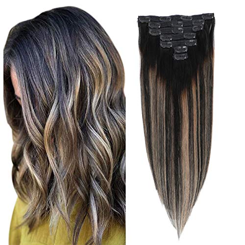 7pcs 120g Ombre Clip in Hair Extensions Balayage Natural Black to Light Blonde Remy Human Hair Clip in Extensions Natural Hair Extensions Straight 18 Inch