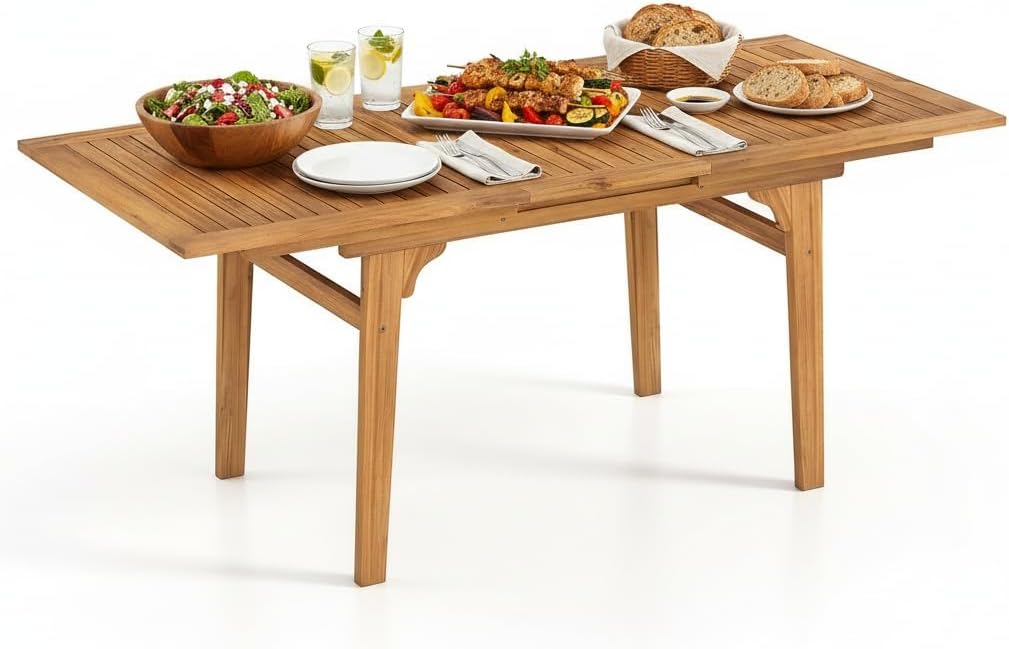 Tangkula 55"-71" Acacia Wood Extendable Patio Dining Table for 6-8 People, Large Expandable Outdoor Slatted Table, Rectangular Outdoor Dinner Table for Garden, Lawn, Yard and Poolside